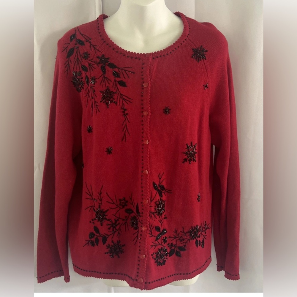 Tiara International Beaded Embroidered Cardigan M Red Black Floral